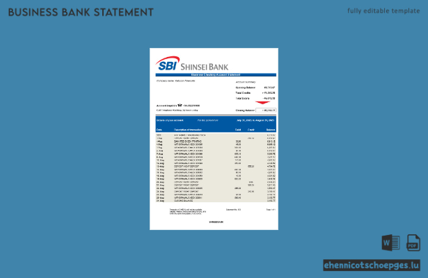 Shinsei Bank Geschäftskontoauszug – Beispielvorschau (Word und PDF)